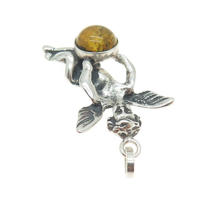 925 Sterling Silver Vintage Real Baltic Amber Angel Pendant