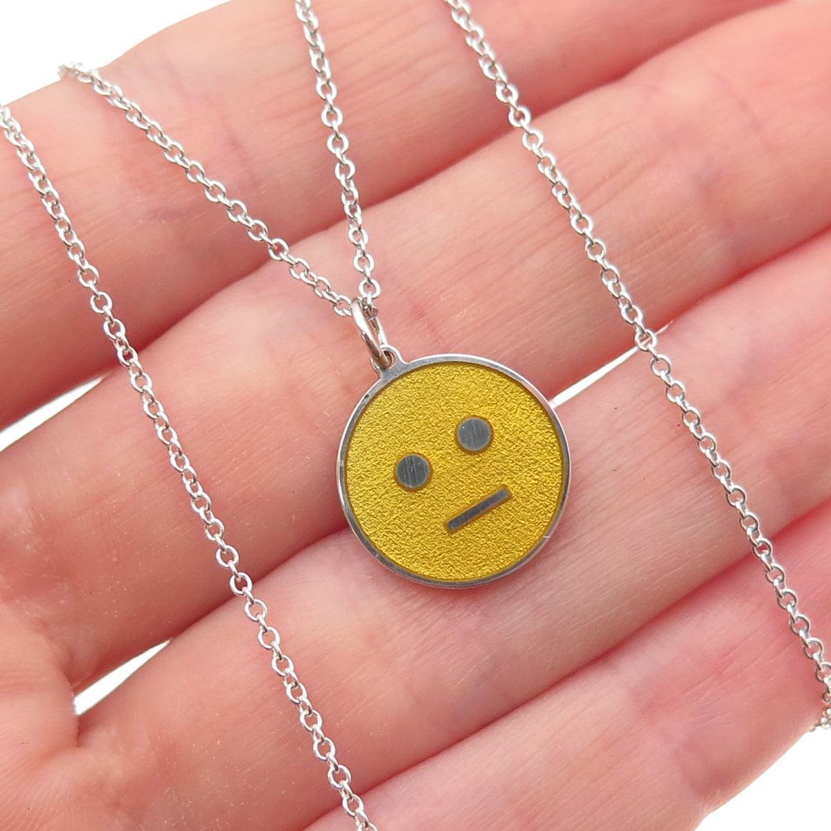 925 Sterling Silver Yellow Enamel Distorted Face Emoji Cable Chain Necklace 18"