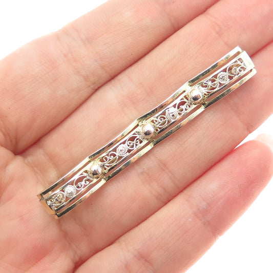 800 Silver 2-Tone Vintage Rose Flower Filigree Bar Pin Brooch