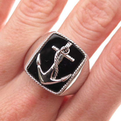 Effy 925 Sterling Silver Real Black Onyx Anchor Ring Size 10.25