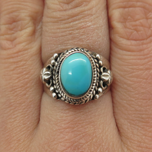 925 Sterling Silver Vintage Real Cabochon Turquoise Floral Oxidized Ring Size 8