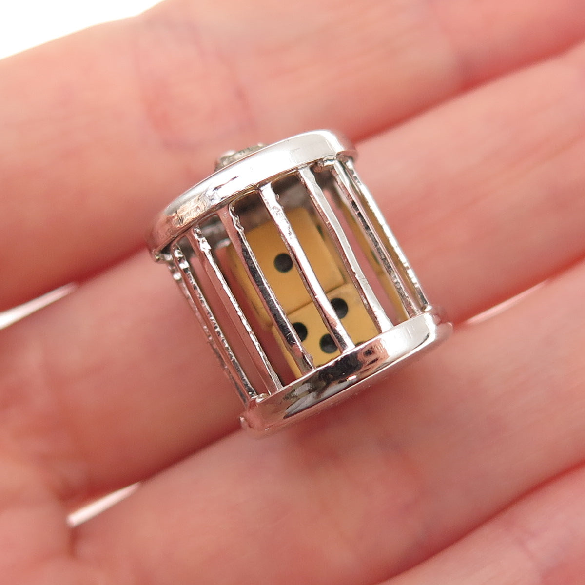 925 Sterling Silver Antique Art Deco Dice Cage Good Luck 3D Charm Pendant