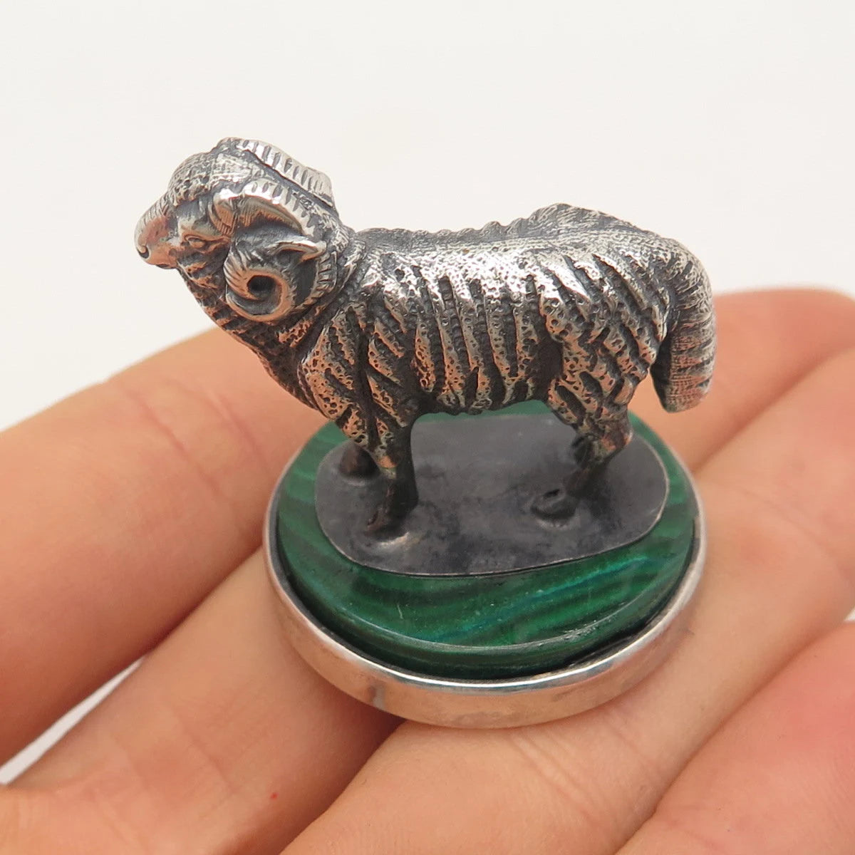 925 Sterling Silver Vintage Malachite Gemstone Aries Zodiac Sign Table Figurine