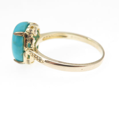 925 Sterling Silver Gold Plated Real Turquoise & White Topaz Ring Size 8