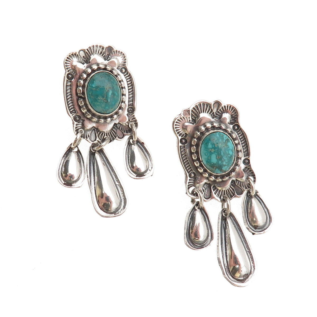 Rick Enriquez Navajo Old Pawn Sterling Silver Vintage Turquoise Dangle Earrings