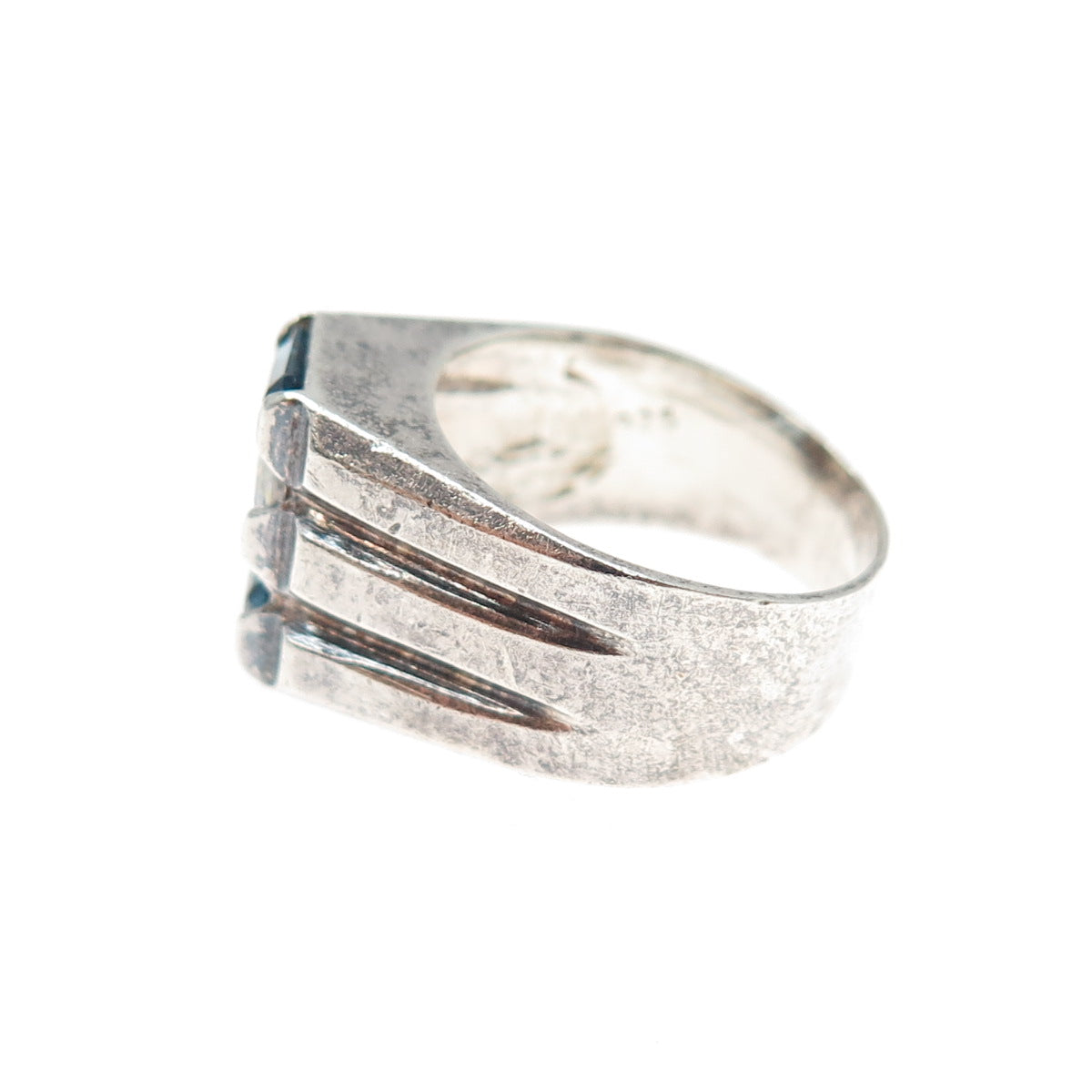 925 Sterling Silver Vintage Emerald-Cut Blue & White C Z Oxidized Ring Size 6