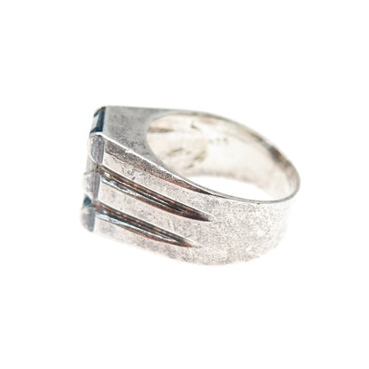 925 Sterling Silver Vintage Emerald-Cut Blue & White C Z Oxidized Ring Size 6