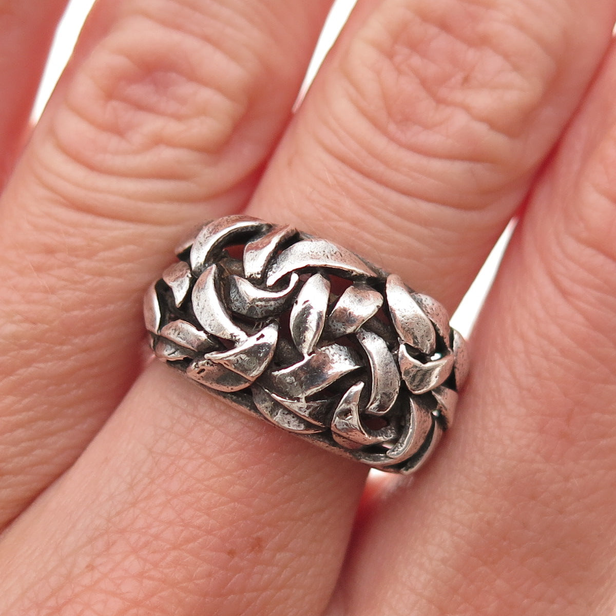 925 Sterling Silver Vintage Modernist Woven Oxidized Ring Size 7.25