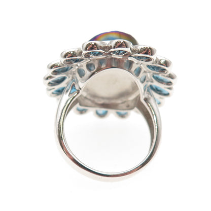 925 Sterling Silver Vintage Real Druzy & London Blue Topaz Flower Ring Size 7.25