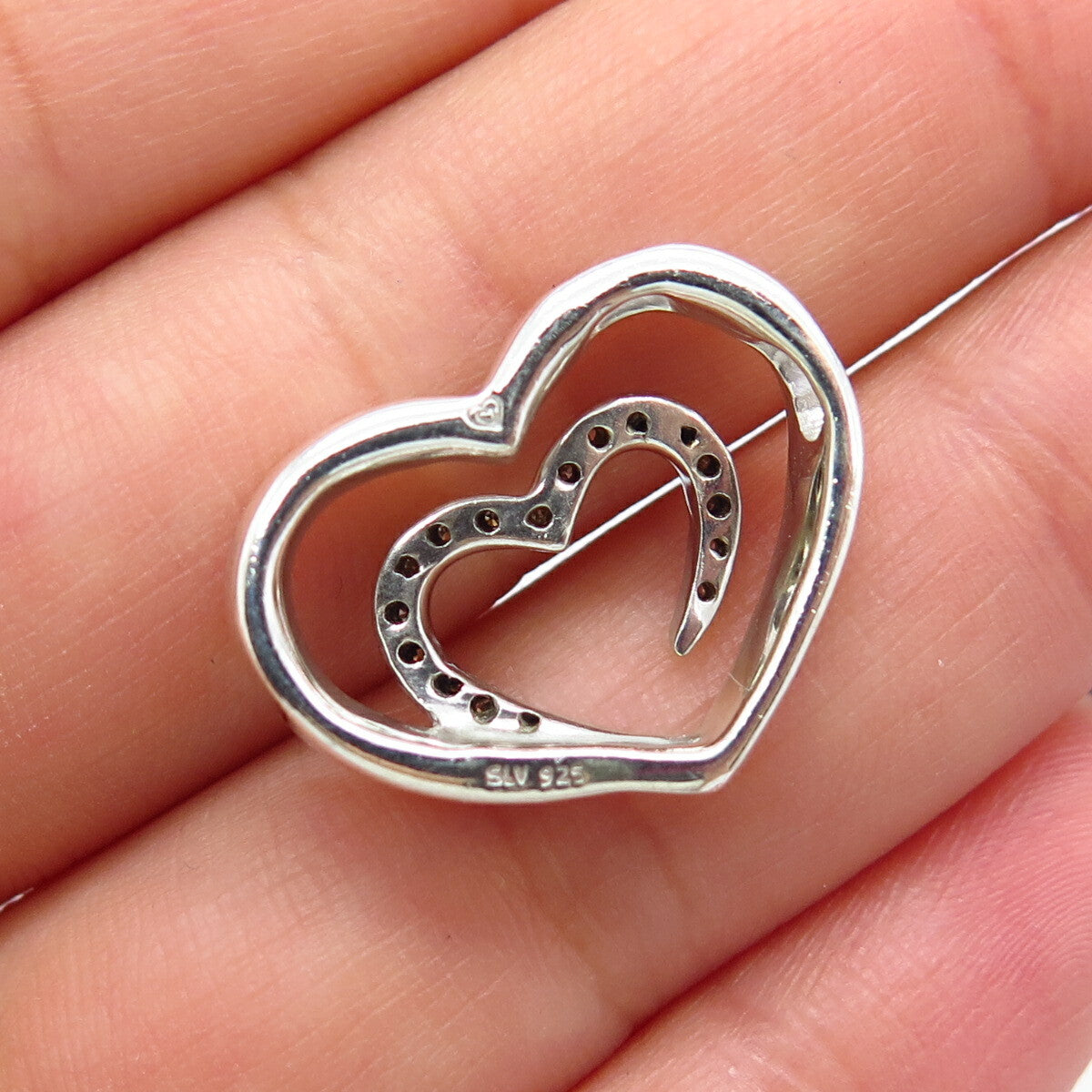 925 Sterling Silver Real White Diamond Open Double Heart Slide Pendant