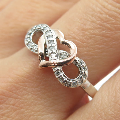 925 Sterling Silver & 10K Rose Gold Real Diamond Infinity Heart Ring Size 11.75