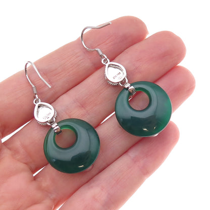 925 Sterling Silver Vintage Real Black & Green Onyx Oxidized Dangle Earrings