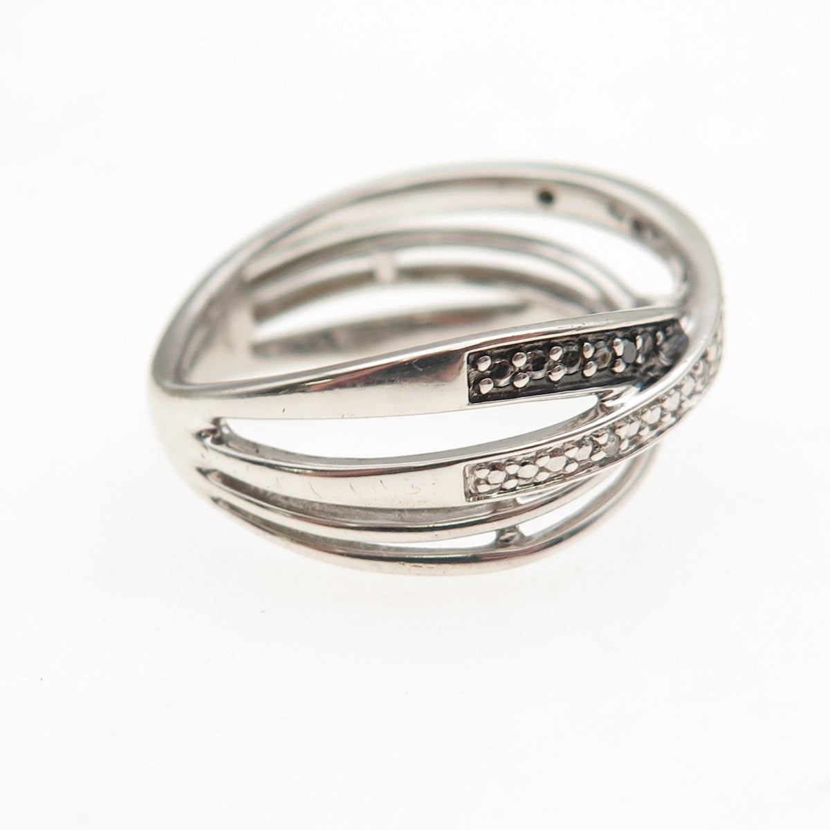 Sun 925 Sterling Silver Real Black & White Diamond Crisscross Ring Size 7