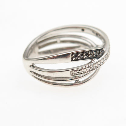 Sun 925 Sterling Silver Real Black & White Diamond Crisscross Ring Size 7