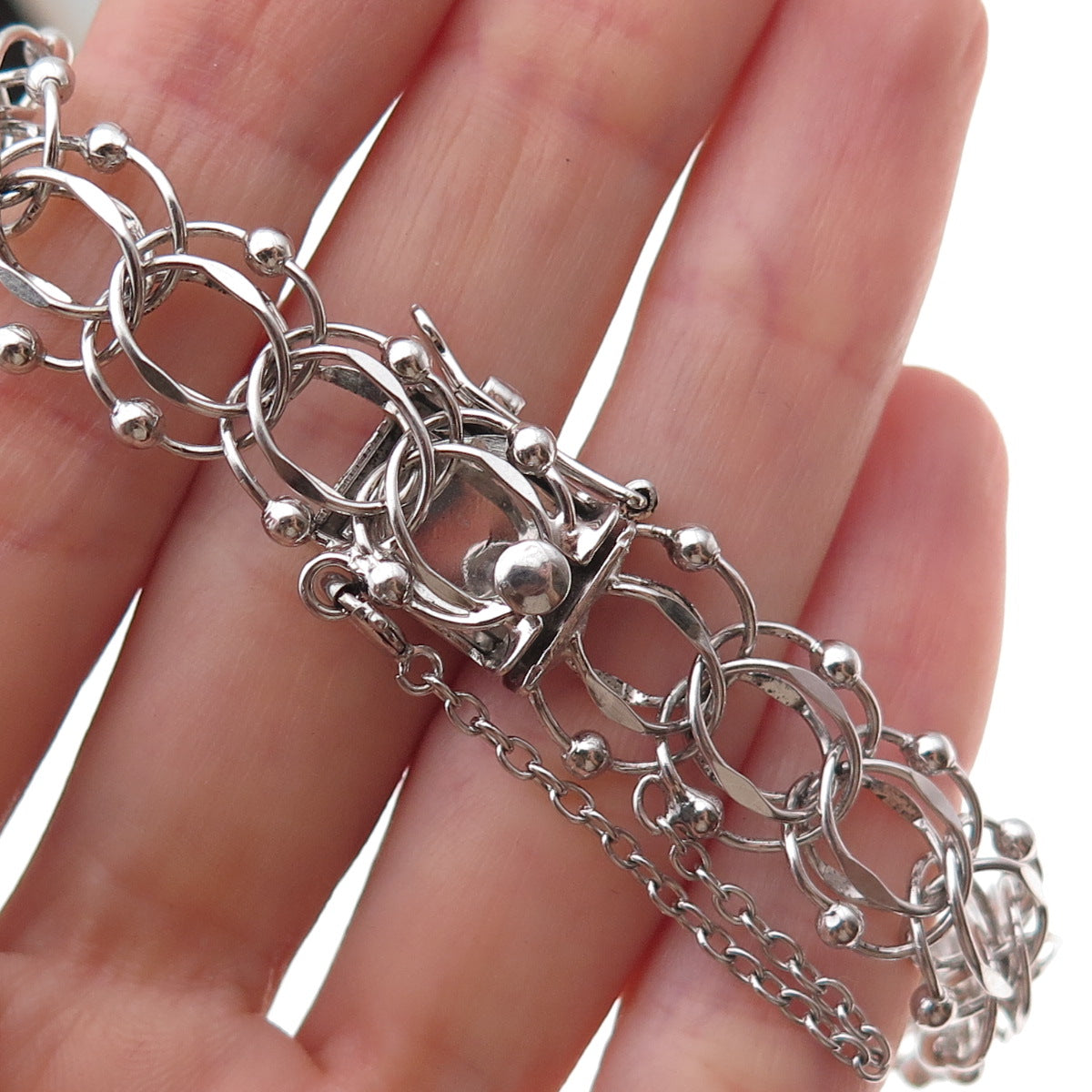 American 925 Sterling Silver Antique Art Deco Beaded Bismark Link Bracelet 7.25"