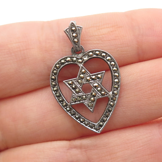 925 Sterling Vintage Marcasite Star of David Heart Pendant (missing 1 stone)