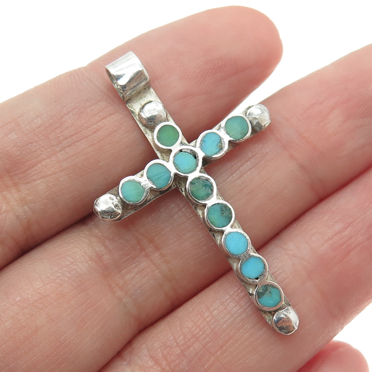 Old Pawn Sterling Silver Vintage Southwestern Mountain Turquoise Cross Pendant