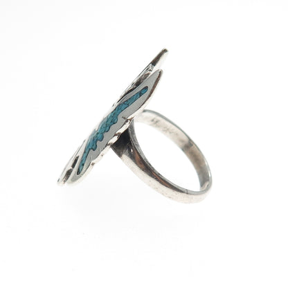 JERRY COWBOY Old Pawn 925 Sterling Turquoise Coral Inlay Peyote Ring Size 6.25