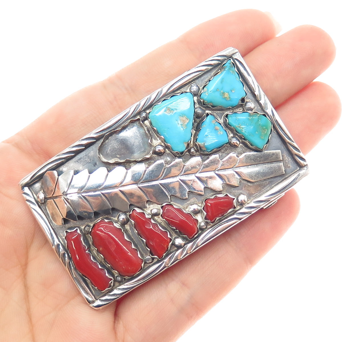 FABIAN CHEAMA ZUNI Old Pawn Sterling Turquoise & Coral Buckle (missing 1 stone)