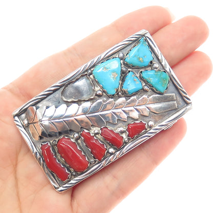 FABIAN CHEAMA ZUNI Old Pawn Sterling Turquoise & Coral Buckle (missing 1 stone)