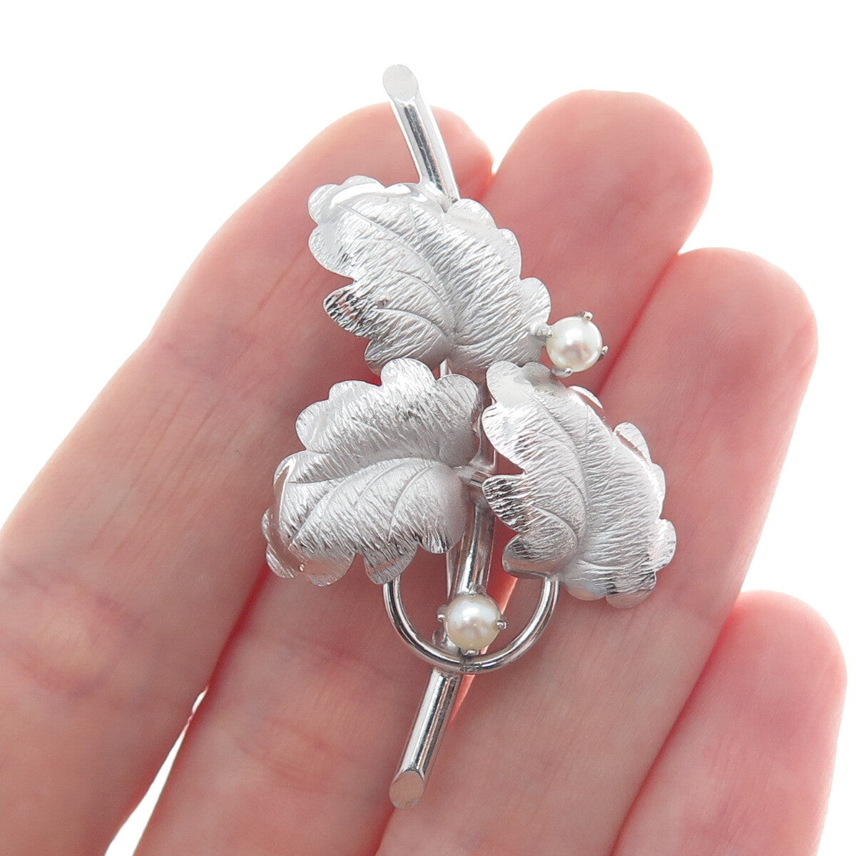 CARL ART 925 Sterling Silver Antique Art Deco Real Pearl Floral Leaf Pin Brooch