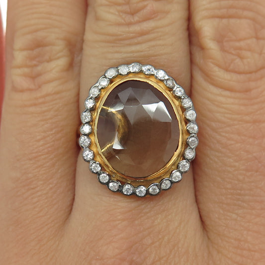 925 Sterling Silver Gold Plated Vintage Real Smoky Quartz & C Z Ring Size 7