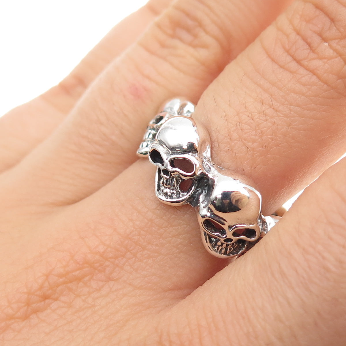 925 Sterling Silver Vintage Skull Oxidized Biker Ring Size 8.75