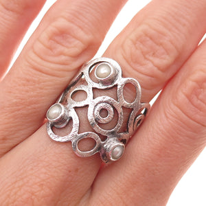 925 Sterling Silver Vintage Real Pearl Modernist Swirl Oxidized Ring Size 7.5