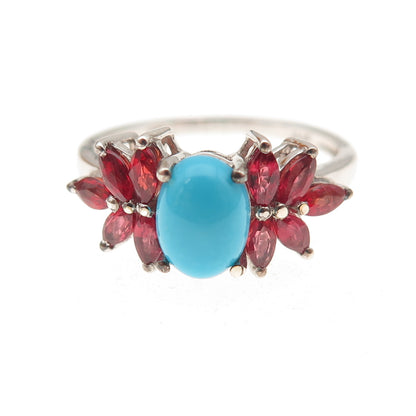 Chuck Clemency 925 Sterling Silver Real Turquoise & Red Sapphire Ring Size 8.25
