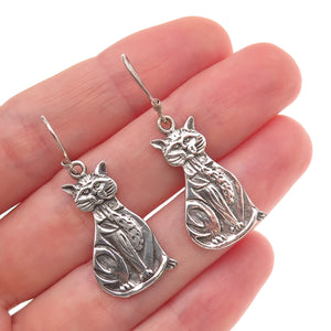 925 Sterling Silver Vintage Cat Oxidized Dangle Earrings
