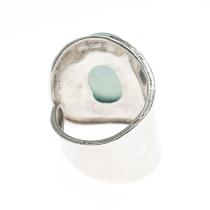 925 Sterling Silver Vintage Real Blue Chalcedony Gem Adjustable Ring Size 7
