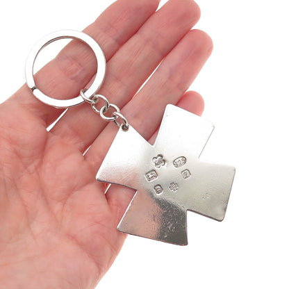 UnoAErre 925 Sterling Silver Vintage 2000 KJB London Cross Key Chain Fob Ring