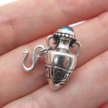 KABANA 925 Sterling Silver Vintage Real Blue Topaz Greek Maze Vase Mini Pendant