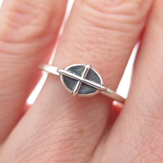 HAGIT GORALI 925 Sterling Silver Vintage Modernist Cross Oxidized Ring Size 6