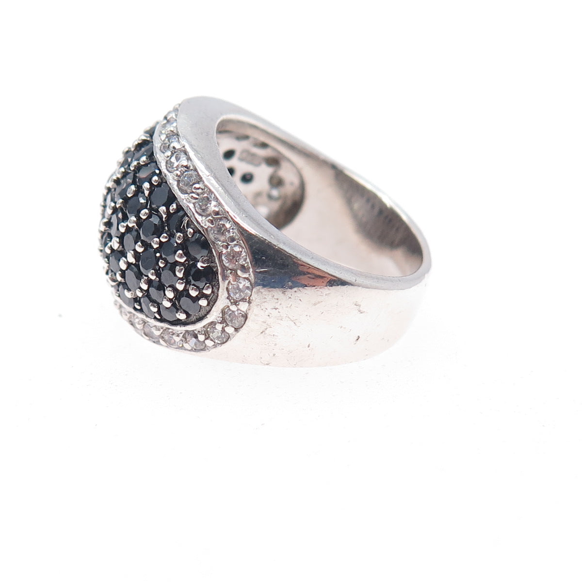 925 Sterling Silver Real Round-Cut Black Spinel & C Z Dome Ring Size 6