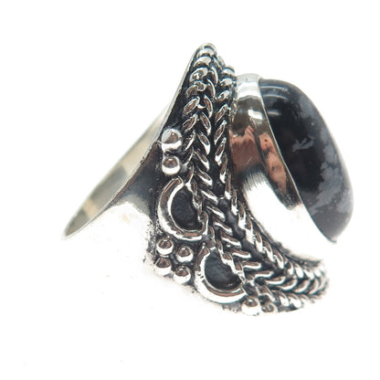 925 Sterling Silver Vintage Snowflake Obsidian Braided Oxidized Ring Size 9.5