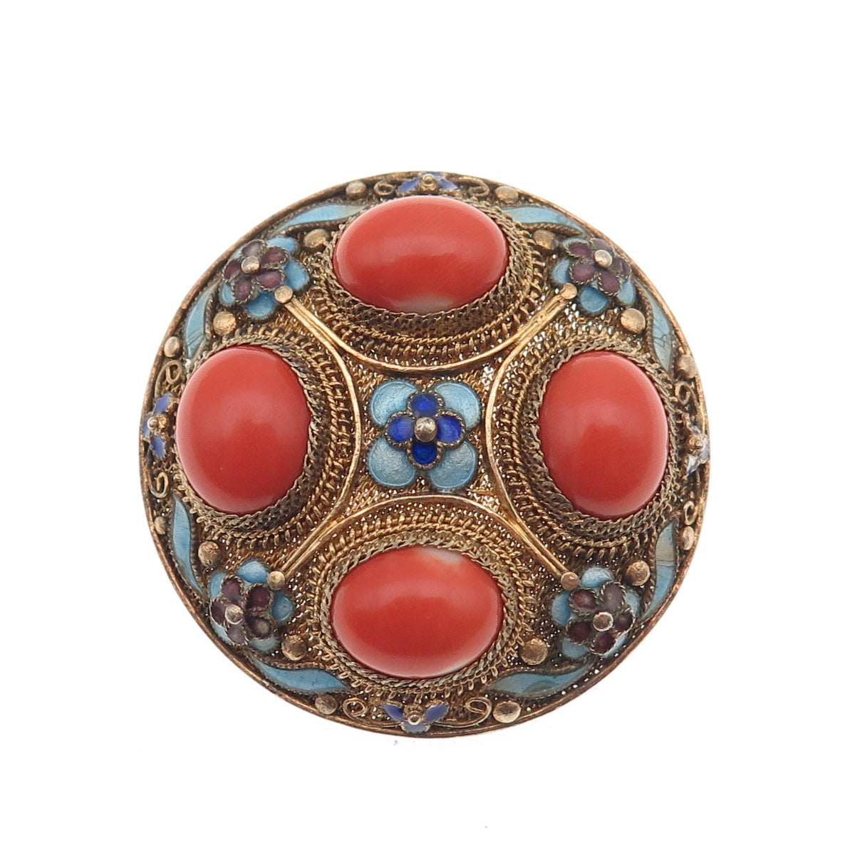 925 Sterling Silver Gold Plated Antique China Enamel Real Coral Floral Brooch