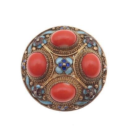925 Sterling Silver Gold Plated Antique China Enamel Real Coral Floral Brooch
