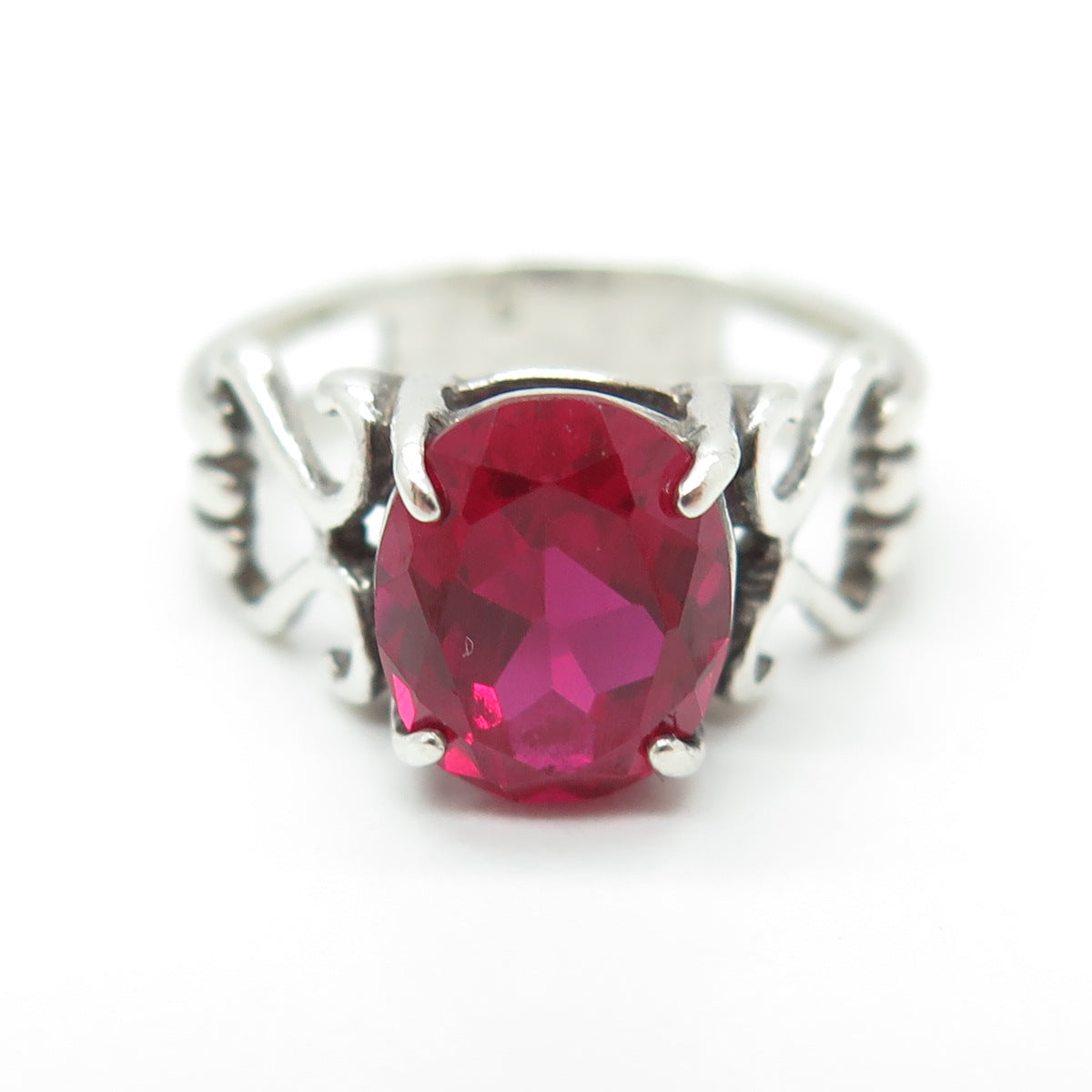 SHUBE 925 Sterling Silver Vintage Oval-Cut Lab-Created Ruby Ring Size 7.25