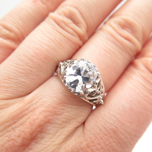 925 Sterling Silver Oval-Cut C Z Ornate Ring Size 6.25