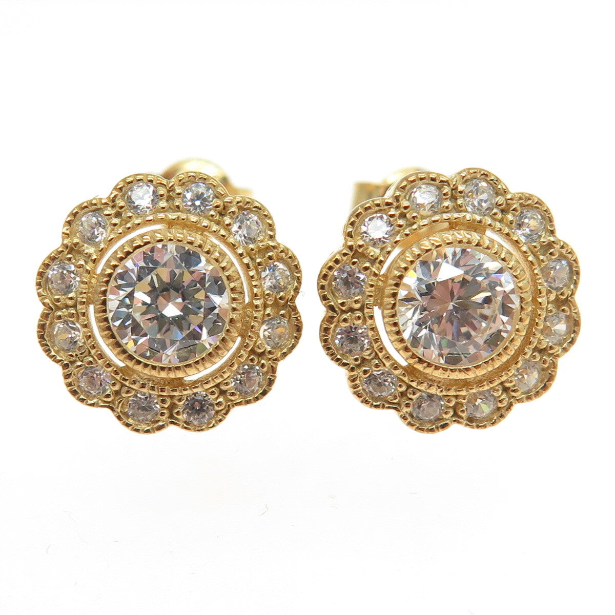 925 Sterling Silver Gold Plated Round-Cut Shaped C Z Stud Earrings