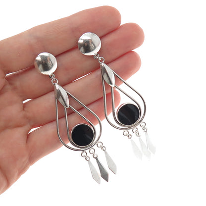 CHARLES WINSTON 925 Sterling Silver Vintage Black Onyx Modernist Dangle Earrings