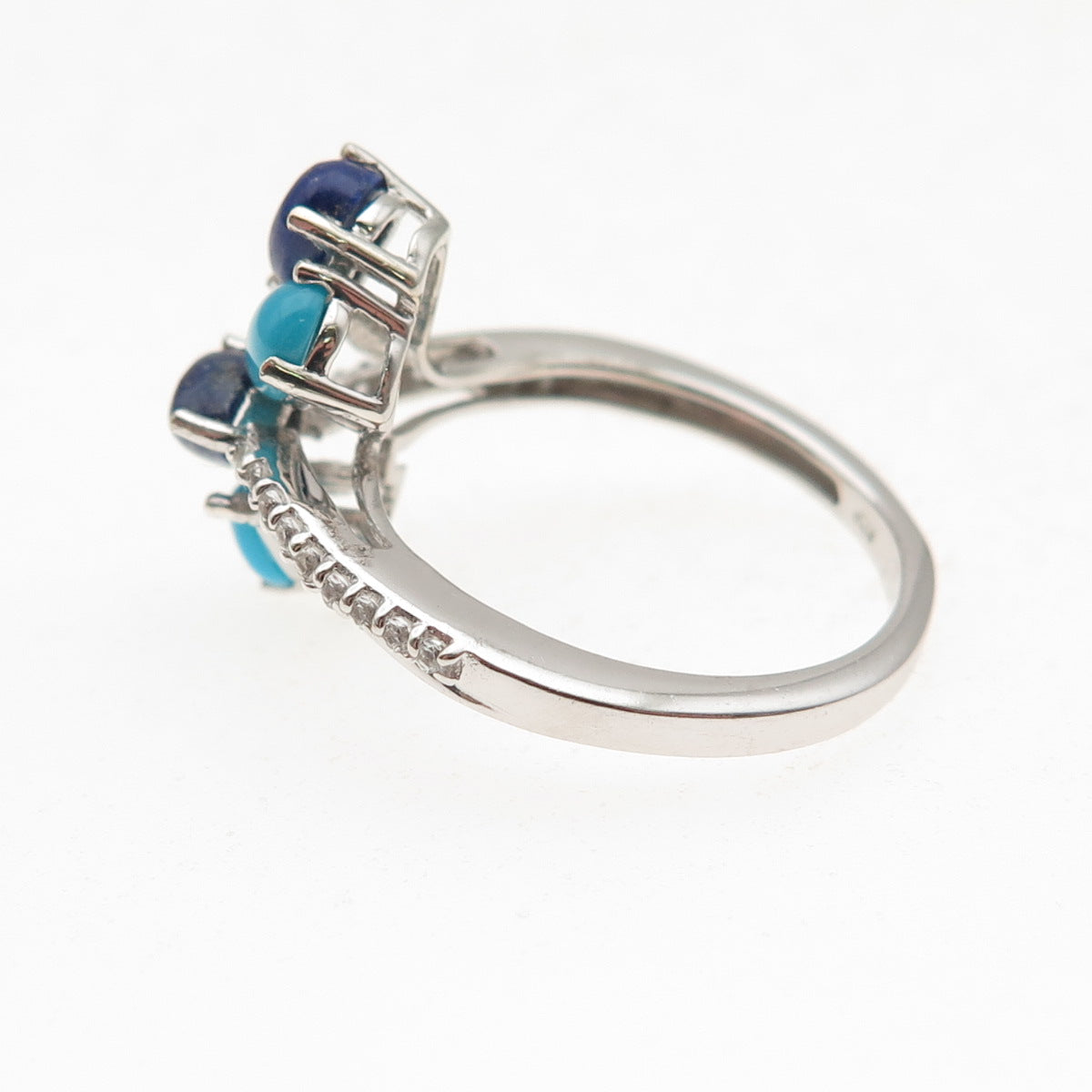 Chuck Clemency 925 Sterling Silver Real Turquoise Lapis & C Z Bypass Ring Size 8