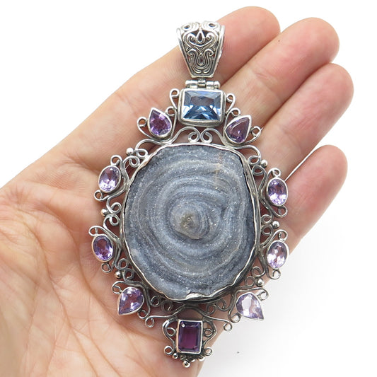 925 Sterling Silver Real Asote Druzy Amethyst Swiss Blue Topaz Gemstone Pendant