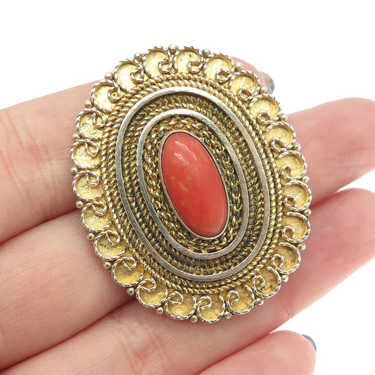 925 Sterling Silver Gold Plated Vintage Israel Real Coral Filigree Pin Pendant