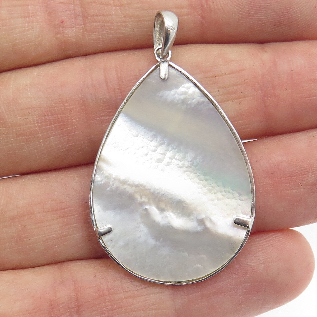 925 Sterling Silver Vintage Real Mother-of-Pearl Ornate Teardrop Pendant