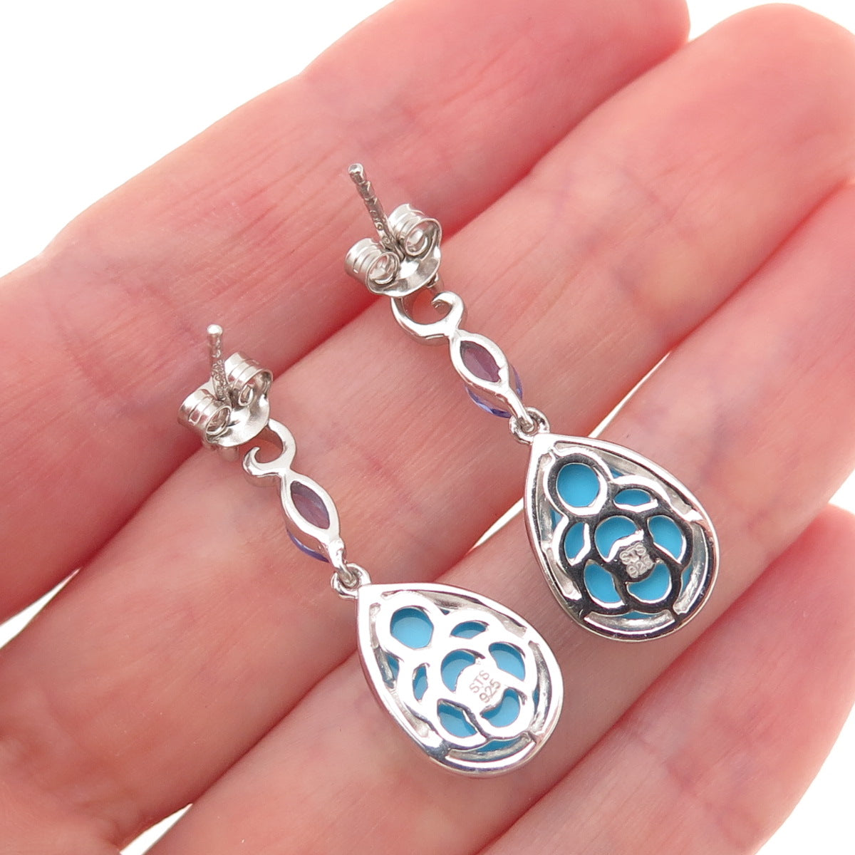 Chuck Clemency 925 Sterling Silver Real Turquoise & Tanzanite Dangle Earrings
