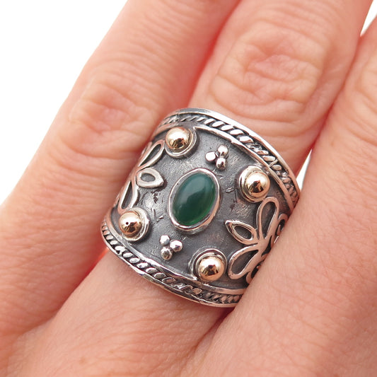 925 Sterling Silver 14K Gold Vintage Real Green Onyx Floral Ring Size 6.5