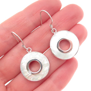 925 Sterling Silver Vintage Real MOP Modernist Disc Dangle Earrings