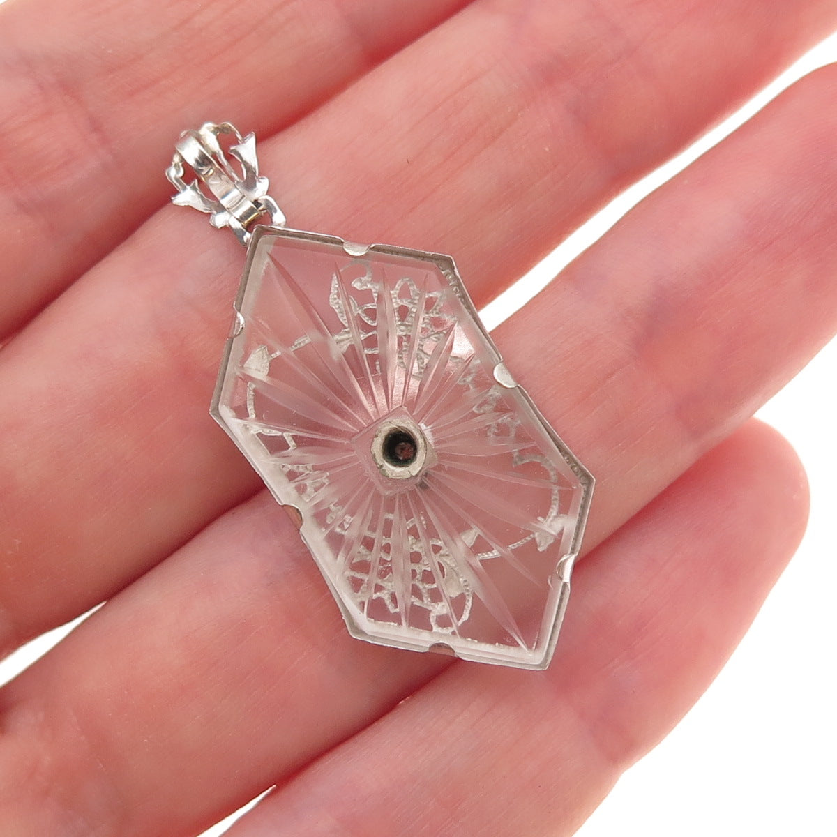 14K White Gold Antique Victorian Real Diamond Camphor Frosted Glass Pendant